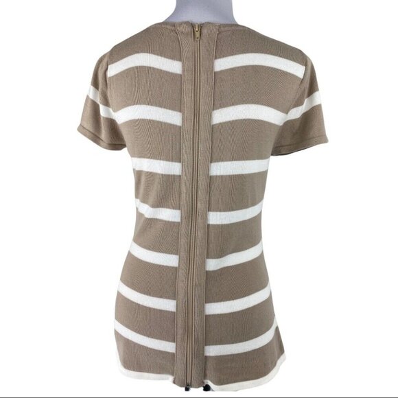Cyrus Women's Off-White and Tan Striped V-Neck Short Sleeve Knit Sweater S/C34 - Picture 6 of 9